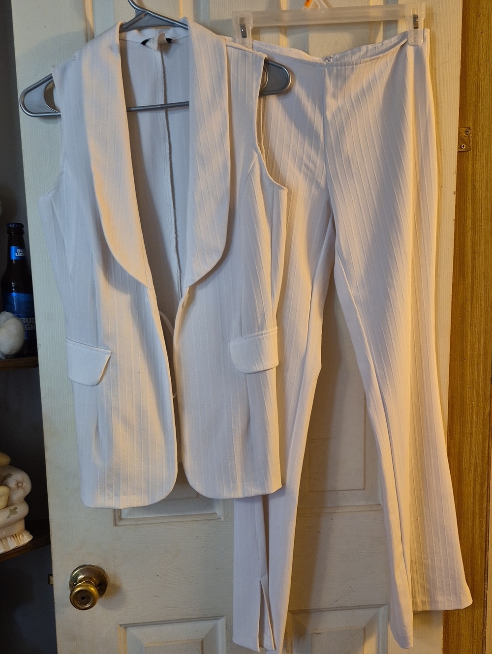 Sleeveless Pinstripe Vest & Straight-Leg Trousers in White